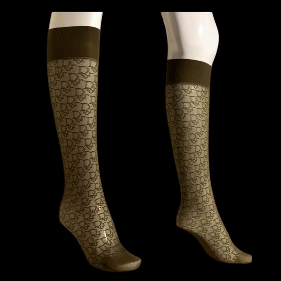 Dior Vintage Olive Green Y2K Monogram Logo Sheer Stockings Socks - Picture 1 of 10
